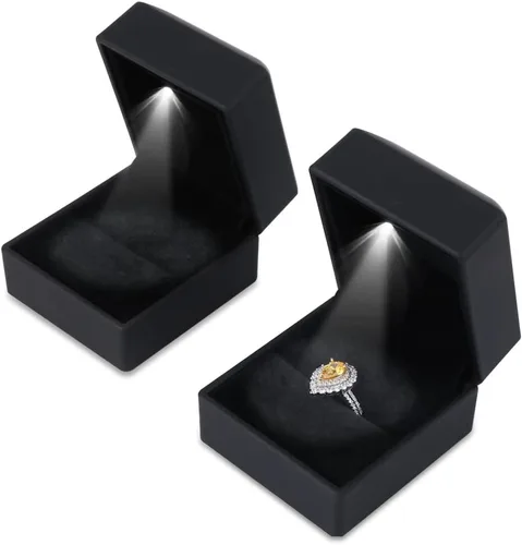 Miniatura 2 de iSuperb Caja de anillo con luces LED, 2 unidades, para propuestas, compromisos, bodas, regalos (paquete de 2 unidades, negro)