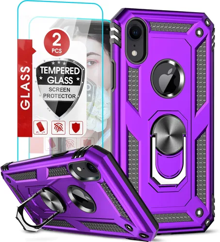 Miniatura 9 de Funda para iPhone XR con protector de pantalla de vidrio templado [2 unidades], con armadura de grado militar con soporte para anillo de coche