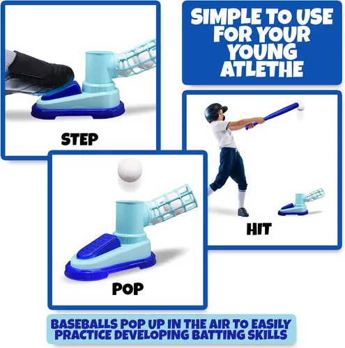 Miniatura 4 de ArtCreativity Máquina de lanzamiento de béisbol para niños, juguete de lanzar para niños con bate plegable + 3 pelotas de béisbol, entrenador