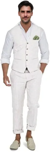 Trajes de lino para hombre, 2 piezas, traje de esmoquin de graduación, playa, boda, padrino, chaleco y pantalones, conjunto casual de lino de verano