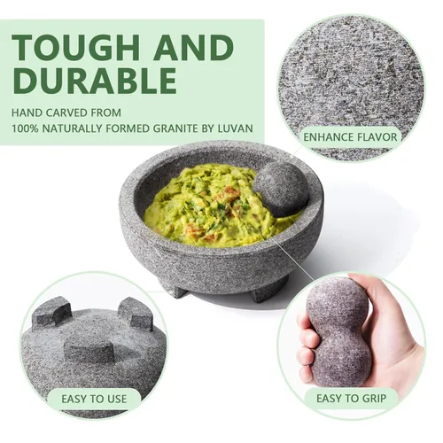 Miniatura 4 de Luvan Juego Grande de Mortero y Maja, 4 Tazas Mortero de Piedra Natural de Granito Sin Pulir para Molcajete Tazón de Guacamole