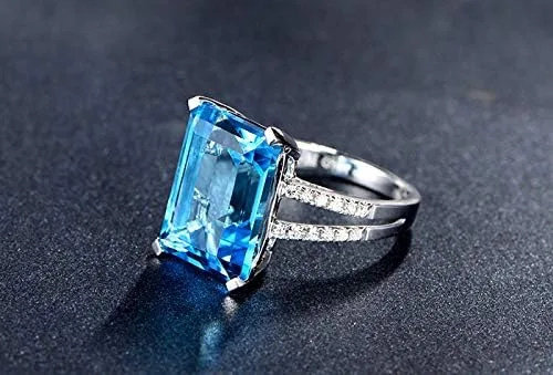 Miniatura 4 de Anillo de compromiso con topacio y zafiro, de plata 925, rectángulo, corte perfecto, anillo de compromiso solitario, anillo de compromiso
