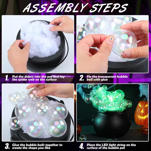 Miniatura 6 de Jenaai Juego de 96 calderos burbujeantes de Halloween con 40 adornos de bola, 2 tiras de luces de 0.71 oz, 2 arañas falsas, 50 puntos adhesivos