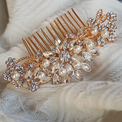 Miniatura 4 de Hapibuy - Peineta de boda con cristales, peine de novia con perlas, tocado de boda en oro, accesorio para el cabello para usar en fiestas
