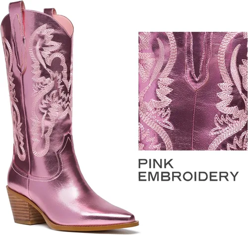 Miniatura 3 de GOSERCE Botas vaqueras para mujer Botas vaqueras metálicas de media pantorrilla con bordado, brillantes, estilo occidental, de pantorrilla ancha