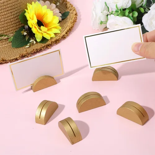 Miniatura 4 de 50 soportes dorados para números de mesa, tarjeteros de madera con 50 tarjetas, soportes de números de mesa semicirculares para restaurantes, bodas