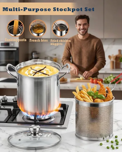 Miniatura 6 de Freidora de acero inoxidable de 3.2 cuartos de galón con cesta y tapa, sartén profunda multifuncional con colador para cocinar en casa