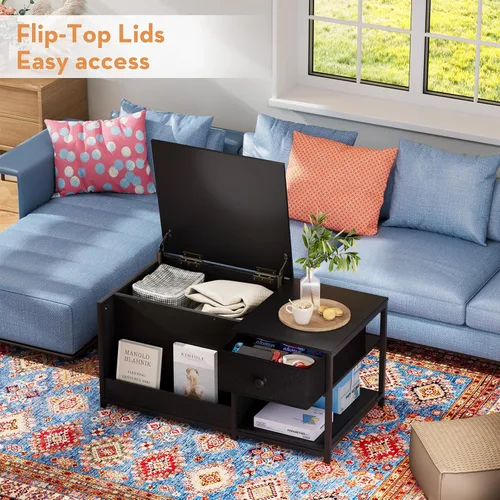 Miniatura 6 de SINPAID Mesa de centro con almacenamiento, mesas de centro rectangulares para sala de estar, mesa de centro moderna con compartimento de Negro