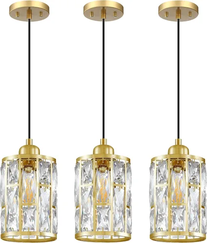 Paquete de 3 colgantes de isla de cocina con pantalla de cristal de 5.4 pulgadas, acabado dorado claro, moderno con pantalla de metal de cristal
