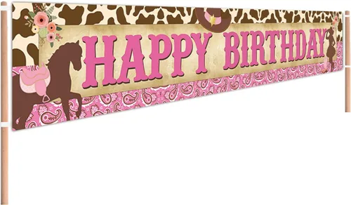 Cartel grande de feliz cumpleaños de vaquera, decoraciones de fiesta de rodeo occidental rosa para niñas, letrero de fondo del salvaje oeste con