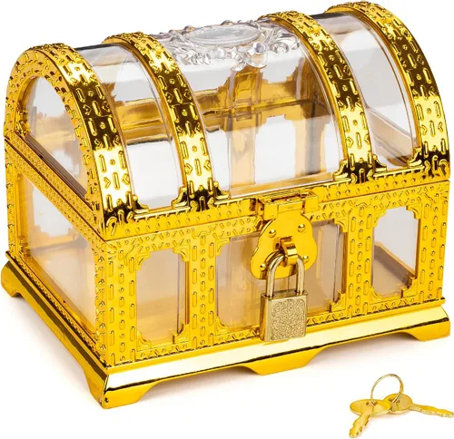 Miniatura 9 de Cofre del tesoro pirata para niños, cofre de pirata dorado transparente decorativo con cerradura y llave