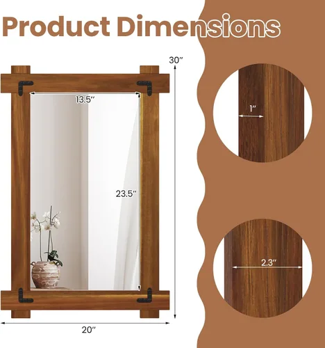 Miniatura 6 de Tangkula Espejo con marco de madera, 30 x 20 pulgadas, espejo de pared inastillable con marco de madera de acacia y diseño de remaches vintage