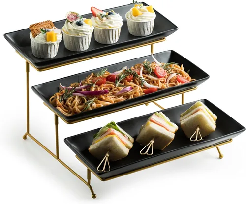 Miniatura 13 de LYEOBOH Juego de soporte y bandejas escalonadas, soporte grande para bandeja escalonada, bandeja para servir de 3 niveles con estante plegable más