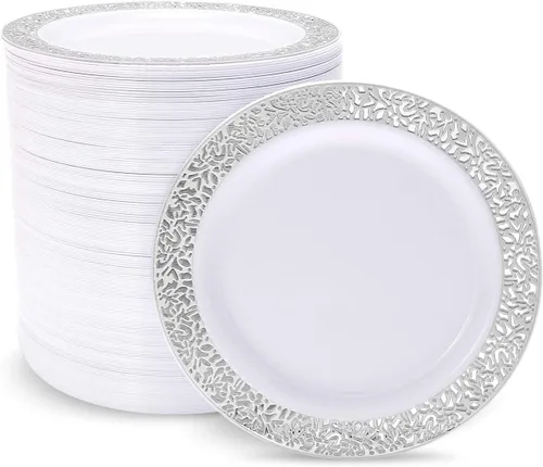 supernal 100 platos de plástico plateado 10.25 para fiesta grande, platos de plástico blanco con borde plateado, platos desechables resistentes para