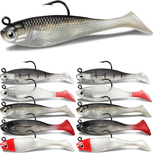 Miniatura 10 de Señuelos de pesca suaves, cebos de sábalo y pececillo, señuelos de cola de paleta con cabeza de plantilla premontada para lubina, trucha