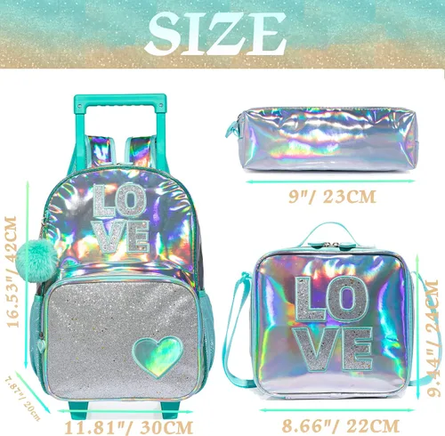 Miniatura 15 de Mochila con ruedas para niñas, mochila escolar con ruedas, bolsa escolar con bolsa de almuerzo y bolsa para lápices, mochila con ruedas para niños