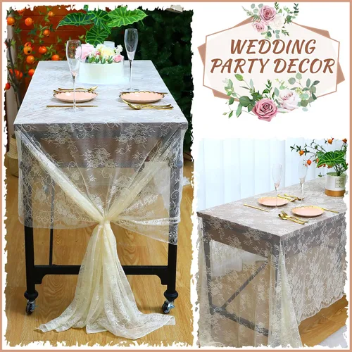 Miniatura 3 de Chumia Mantel rectangular de encaje de 60 x 120 pulgadas, mantel rústico superpuesto con rosa bordado vintage para boda, recepción, fiesta