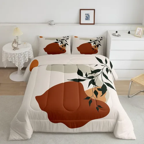 Miniatura 8 de Juego de ropa de cama tamaño King con diseño de hojas bohemias para niñas, niños, adolescentes y mujeres, abstracto, exótico, geométrico, moderno