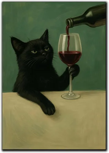 Divertido póster de lienzo de gato negro con lindo gato negro bebiendo vino tinto, decoración de pared, divertido póster minimalista de animales,