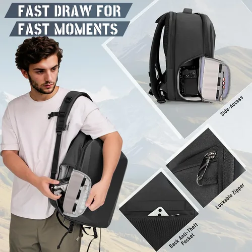 Miniatura 3 de RAINSMORE Mochila para cámara de carcasa dura para DSLR/SLR, bolsa impermeable para cámara con compartimento para laptop de 15.6 pulgadas, estuche