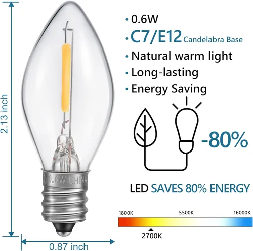 Miniatura 2 de Cable accesorio para luces de aldea de Navidad con 6 bombillas LED, lámpara LED C7 de 11.5 pies con fusible doble y enchufes de interruptor