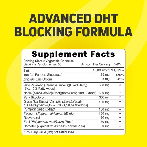 Miniatura 5 de Vitaminas para el crecimiento del cabello para mujeres y hombres Bloqueador DHT con palma enana americana y 10000 mcg de biotina, suplemento