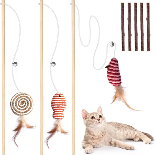 Miniatura 9 de Juguete de madera natural para gatos, 3 piezas de 16 pulgadas, palitos de hierba gatera para limpieza de dientes, ejercitador de gatos