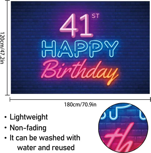 Miniatura 2 de Cartel de fondo de neón brillante con texto en inglés «Happy 41st Birthday», decoración temática de fiesta de cumpleaños de 41 años para hombres