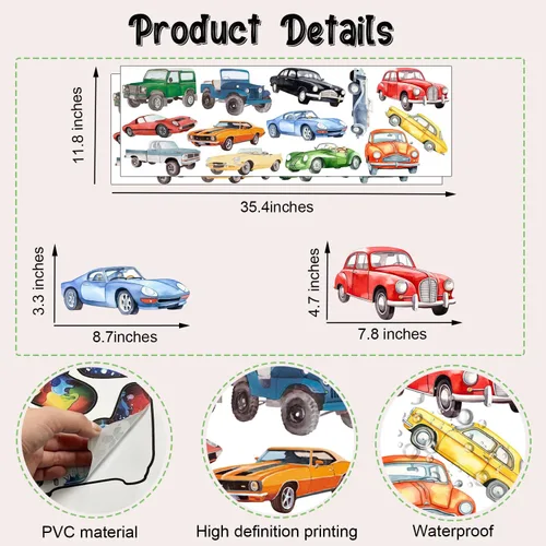 Miniatura 7 de Pegatinas de Pared de Coche Clásico de Acuarela, Calcomanías de Pared de Vinilo de Coche de Carreras Retro Vehículo Todoterreno, Arte de Pared
