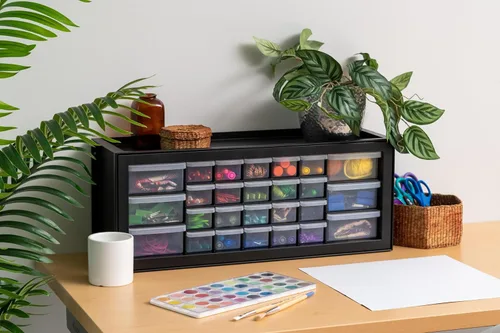 Miniatura 10 de IRIS USA Cajones de almacenamiento de plástico, Caja de herramientas apilable para maestros con 26 cajones, organizador de piezas pequeñas para Negro