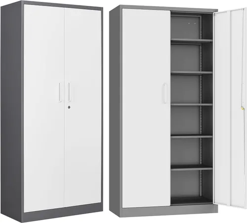 Miniatura 8 de Gabinete de almacenamiento de metal para garaje, armario de almacenamiento con cerradura de 71 pulgadas con 2 estantes ajustables y 1 cajón