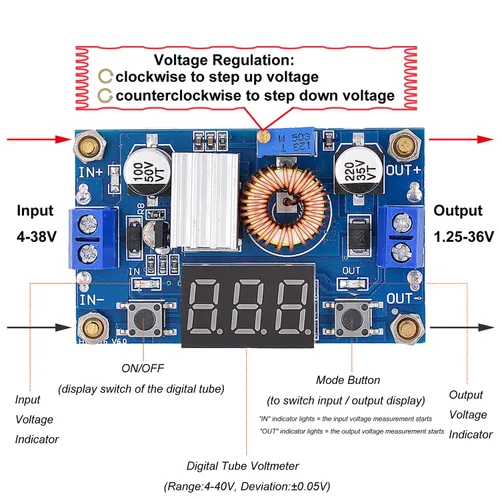 Miniatura 4 de [Paquete de 2] Convertidor DC-DC 5A Buck 4-38V a 1.25-36V Regulador de voltaje reductor Módulo de alta potencia con pantalla LED