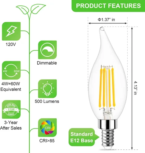 Miniatura 5 de Bombilla LED E12 regulable equivalente a 60 W, blanco suave 2700K, 500 lúmenes, bombillas LED de candelabro de 4 W, bombillas CA10 con punta