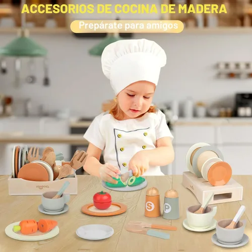 Miniatura 5 de Platos y vajilla de juego de madera para set de cocina de niños, 27 piezas de accesorios de cocina de juego de madera, juguete de cocina para niños