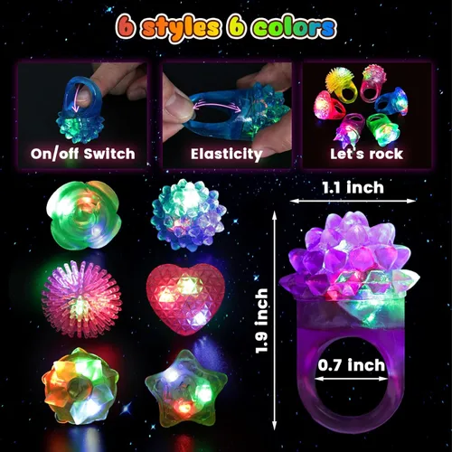 Miniatura 2 de LovesTown 24 anillos iluminados, recuerdos de fiesta para niños, 6 estilos que brillan en la oscuridad, suministros de fiesta para bolsas