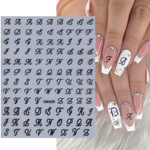Miniatura 2 de Calcomanías de uñas con letras, 8 hojas de calcomanías de uñas con letras en inglés antiguo, 3D, autoadhesivas, doradas, plateadas, negras, blancas