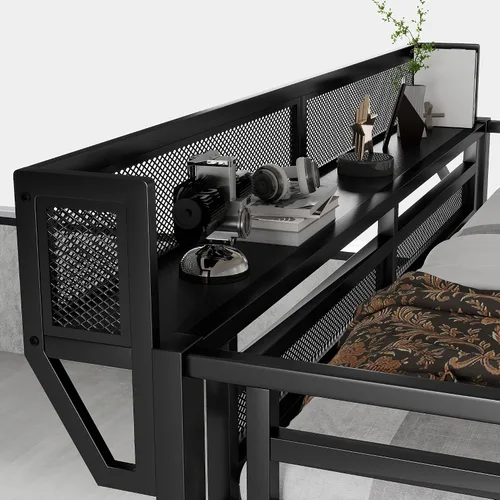 Miniatura 6 de KEIKI Base de cama de metal tamaño individual con escalera convertible, estantes de almacenamiento integrados y armario, cama alta con listones
