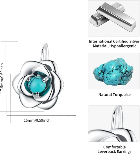 Miniatura 4 de BDL Joyas de turquesa genuina para mujer, aretes y collares de plata de ley para mujer, aretes colgantes con cierre de palanca