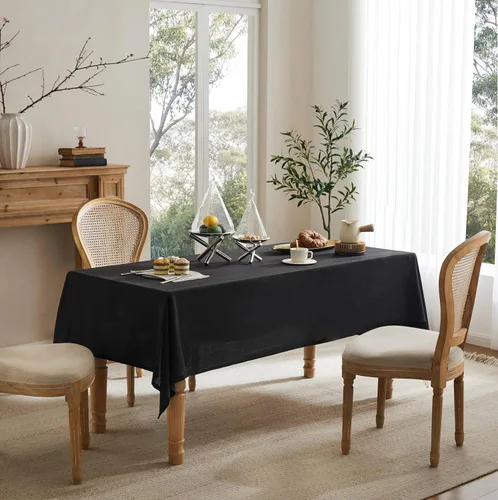 Miniatura 2 de Mantel de lino para mesa cuadrada, 52 x 52 pulgadas, color negro, mantel negro estilo granja, manteles de arpillera resistentes al agua para mesa