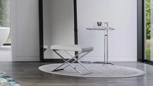 ZURI Modern Fenix otomana - Cuero sintético blanco con base de acero inoxidable pulido