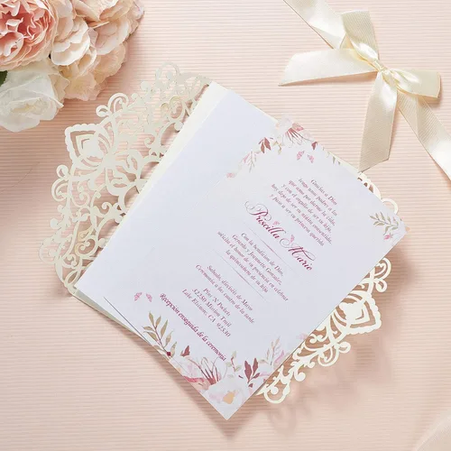 Miniatura 4 de AdasBridal 50 tarjetas de invitación de boda cortadas con láser con estampado floral, con sobre, hoja interior en blanco y cinta para boda, Dorado