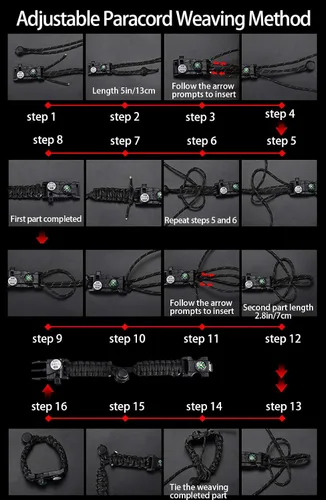 Miniatura 9 de Brazalete de supervivencia con paracord, iniciador de fuego, luz SOS impermeable, brújula, silbato, AK87 ajustable 20 en 1, juego de supervivencia
