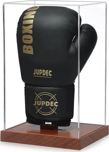 JupDec - Caja de exhibición para guante de boxeo, vitrina de acrílico transparente con base de madera y tabla para un guante, de tamaño completo con