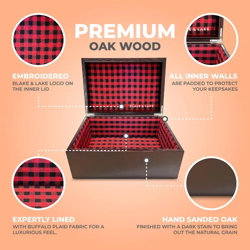 Miniatura 3 de Blake & Lake Caja grande de madera de roble para recuerdos, caja de almacenamiento forrada con cuadros de búfalo, cajas decorativas para el hogar