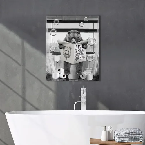 Miniatura 4 de Lienzo decorativo de osos divertidos para pared, cuadros en blanco y negro, decoración de pared de baño, oso sentado en el inodoro, lectura