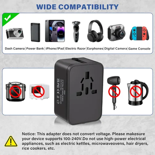 Miniatura 4 de Adaptador de enchufe de viaje con 2 USB A+1 USB C, adaptador de viaje universal todo en uno, convertidores de corriente, cargador de pared