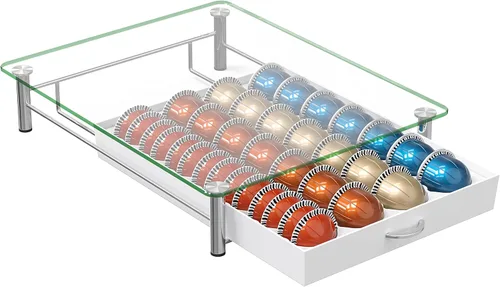 Miniatura 8 de DecoBrothers Cajón Organizador de Cápsulas de Vidrio Templado de Cristal Vertuo, Organizador de 28 Cápsulas Grandes o 56 Pequeñas Nespresso, Blanco