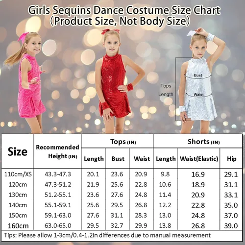 Miniatura 5 de Vestido de baile de lentejuelas para niñas, disfraz de baile de jazz, trajes de hip hop, sin mangas, vestido de baile brillante y pantalones cortos