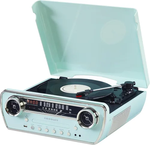 Miniatura 7 de Crosley CR6047A-AB Powel 7-en-1 Tocadiscos Bluetooth con entrada/salida de vinilo, radio AM/FM, reproductor de CD y entrada auxiliar, Azul Aqua