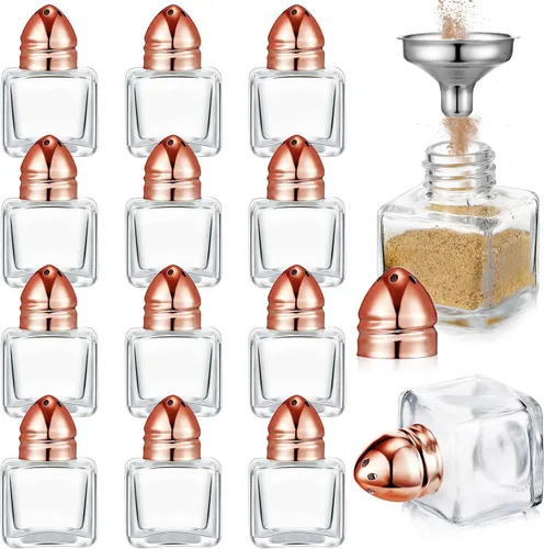 Miniatura 16 de Uiifan Juego de 12 piezas 0.5 oz de forma cúbica, pequeños saleros y pimenteros con tapas tonales, frascos de condimentos de vidrio transparente